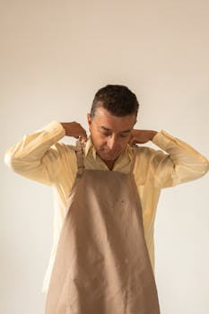 Middle-aged man adjusting a beige apron, preparing for work indoors.