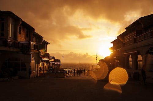 Leute, Die Nahe Pfosten Während Des Orangefarbenen Sonnenuntergangs Stehen