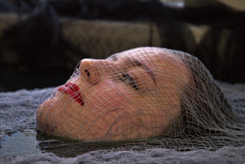 A Woman Face Covered with Mesh Fabric