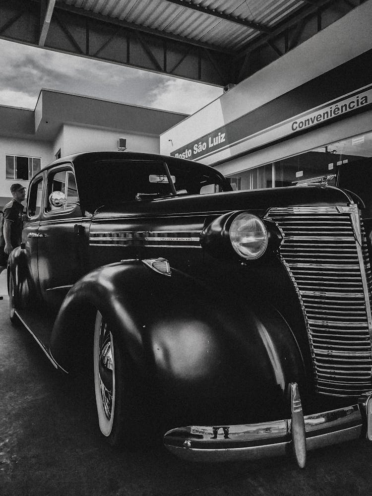 Vintage Black Car In Garage