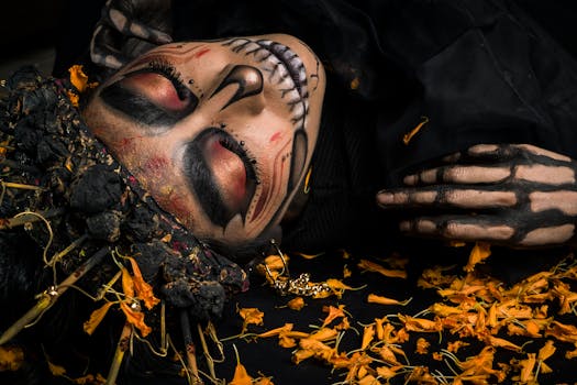 Close-up of a person with artistic Halloween makeup surrounded by marigold flowers.