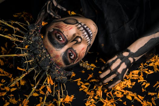 Artistic portrait with skull makeup and marigold petals, capturing a Halloween theme.