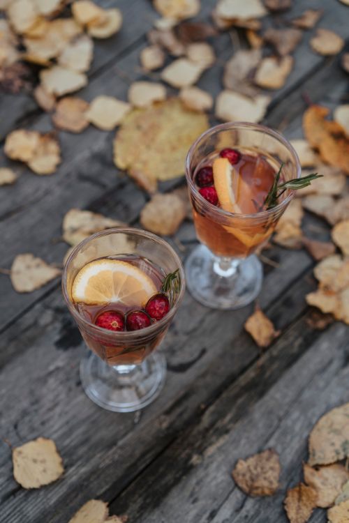 Free Two glasses of warm autumn drink with citrus and cranberries, adorned with fallen leaves. Stock Photo
