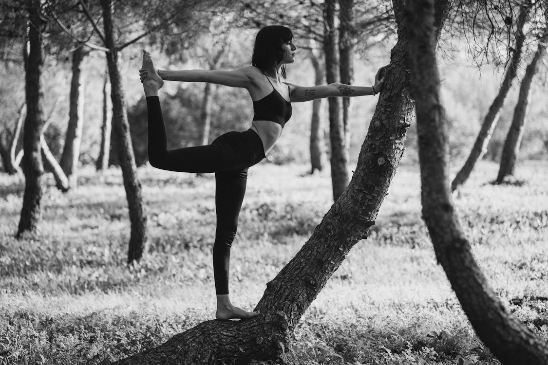 Free Monochrome concentrated lady doing Lord of the Dance pose in park Stock Photo