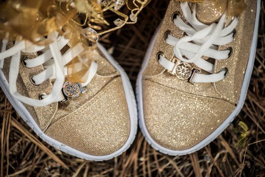 Close-up of sparkling gold sneakers with white laces on a bed of natural grasses.