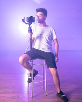 Full body focused young male videographer or photographer using professional modern camera on stabilizer while sitting on stool in studio