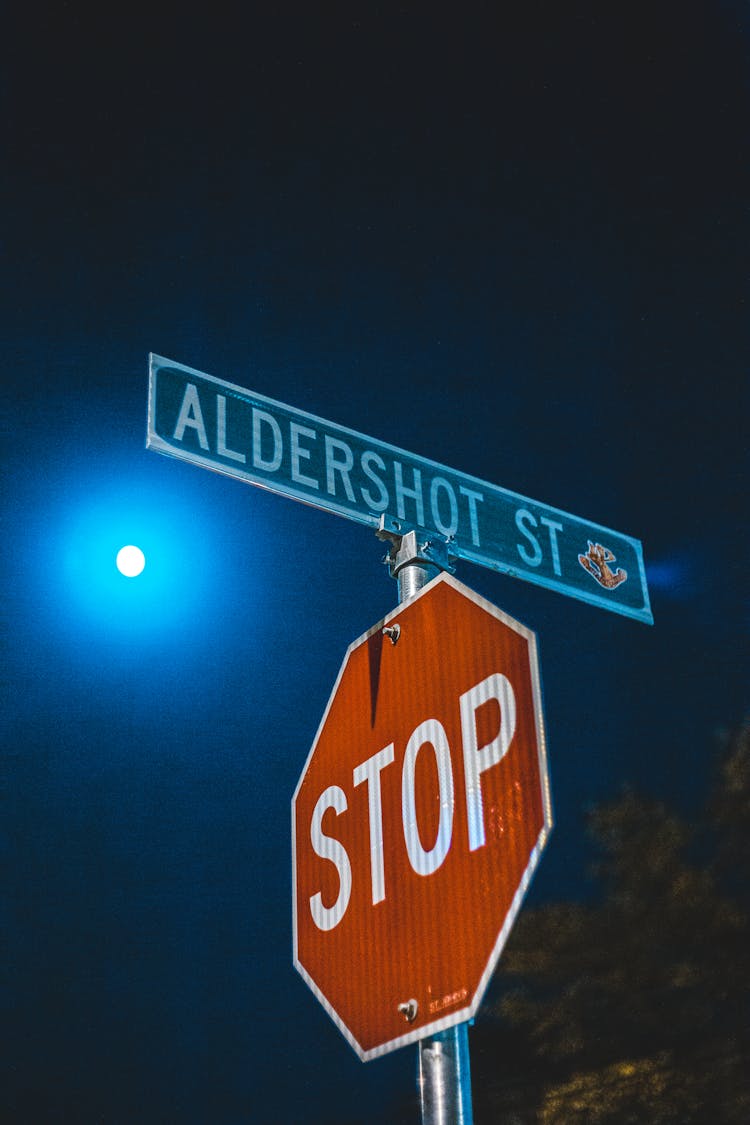 Road Sign Placed On Street In Evening