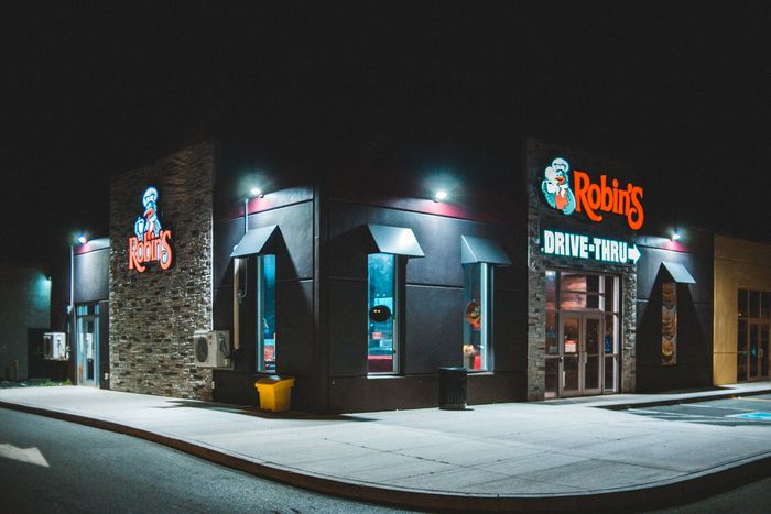 Modern cafe exterior in the evening