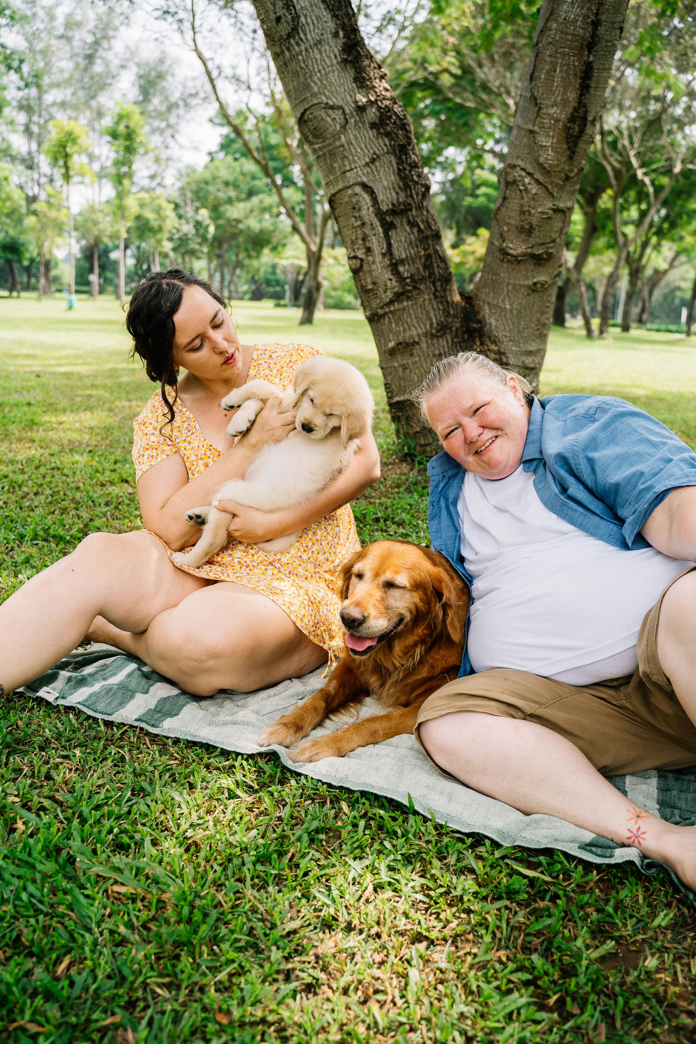 a couple sitting on the grass