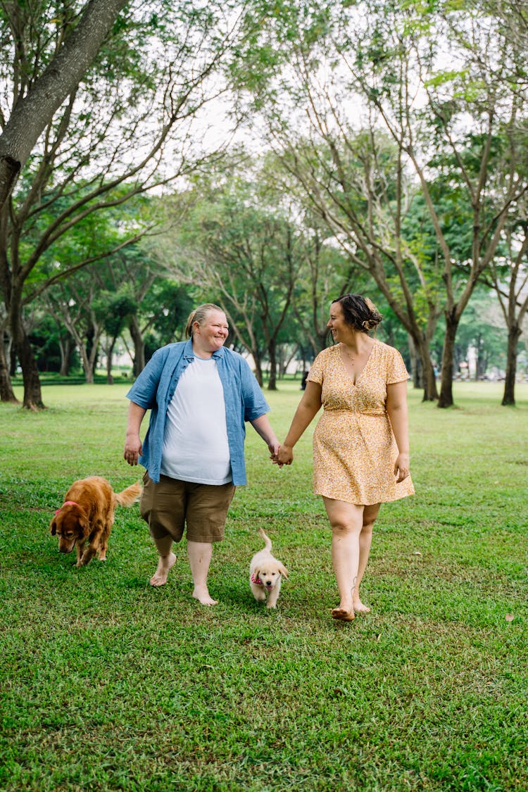 Photograph Of A Couple Walking With Their Dogs