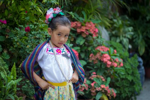 Free Adorable young girl posing in colorful traditional attire with a vibrant floral background. Stock Photo