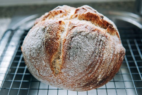 Fresh bread with crispy crust on net