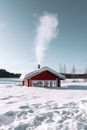 Lonely house covered with snow located in snowy terrain in sunny day in winter day
