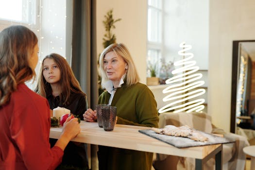 Family enjoying Christmas preparations in a cozy, decorated living room.