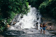 一群女性冒险者在郁郁葱葱的绿色植物中探索风景优美的瀑布
