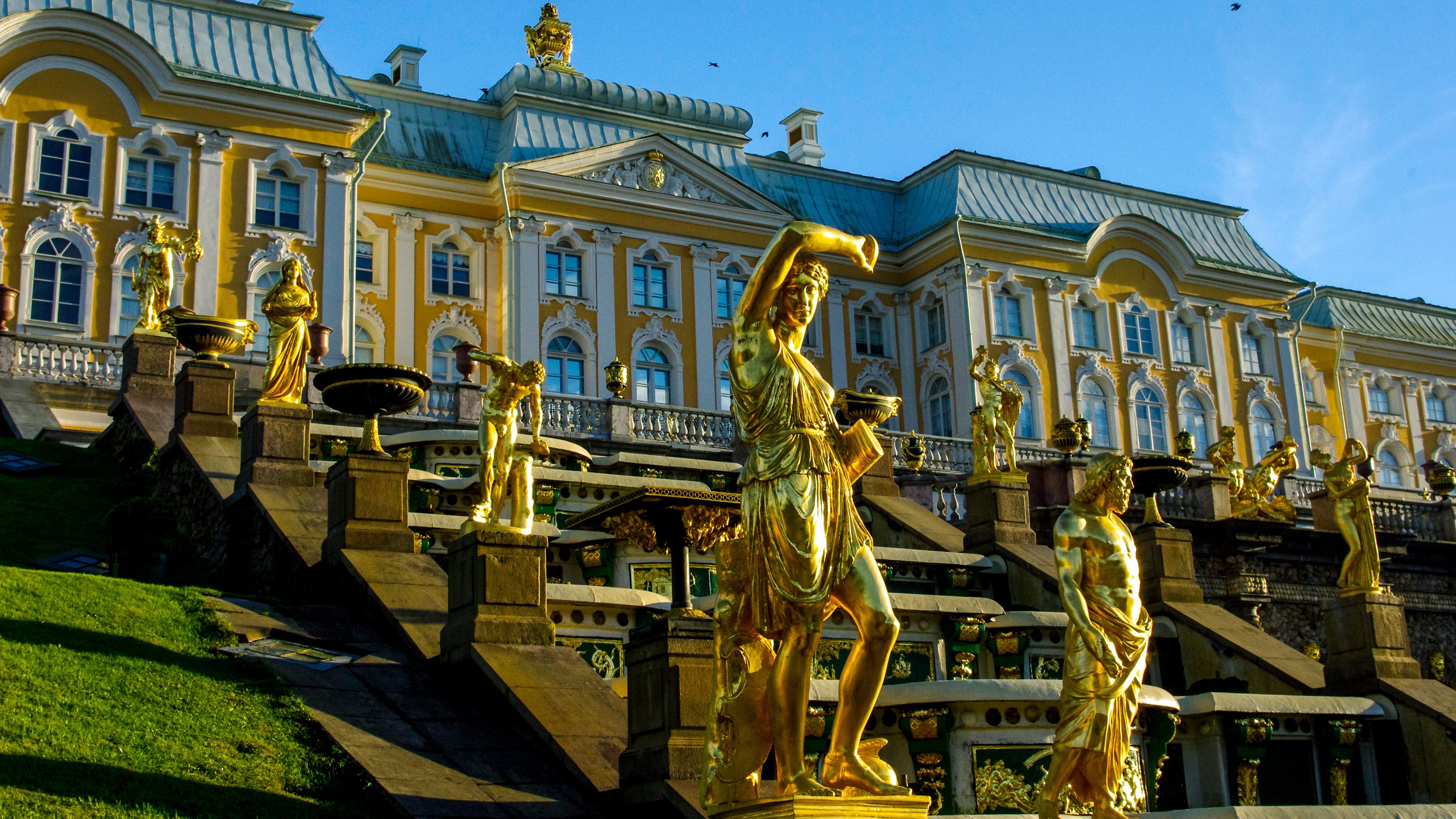 Golden statues at the Grand Cascade, Peterhof Palace, St. Petersburg, Russia.
