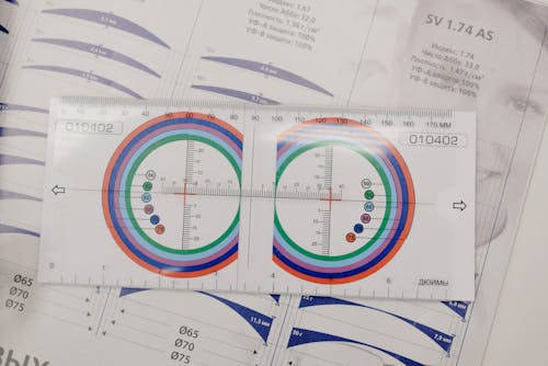 From above of manual optical tool with numbers and arrows on paper with brochure on table