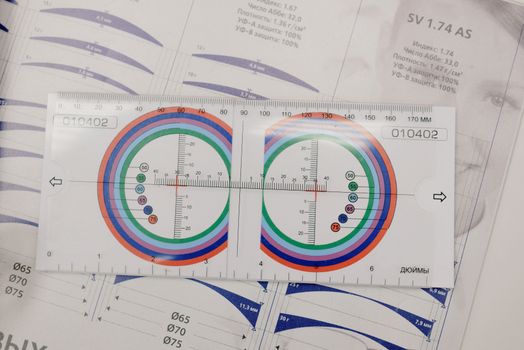 From above of manual optical tool with numbers and arrows on paper with brochure on table