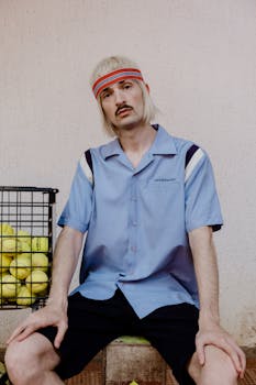 A man in retro tennis attire sitting with a basket of tennis balls, exemplifying 60s style.