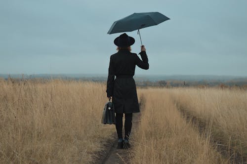 Back view of unrecognizable elegant lady in black trench coat and hat standing in narrow path in dry field with umbrella and briefcase in hand on cloudy day in countryside