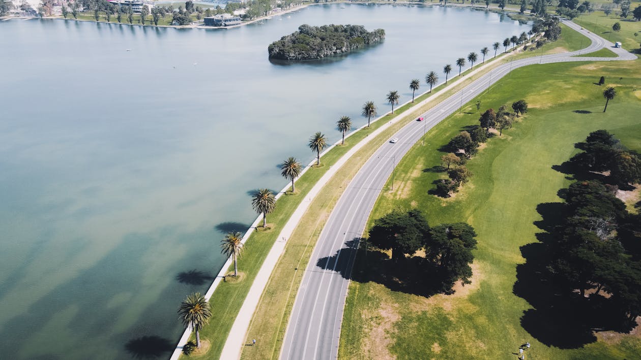 A Curved Road Between a River and Green Grass With Green Trees