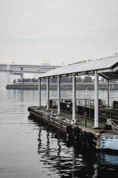 东京港平静的海水边，矗立着现代化的桥梁和工业设施