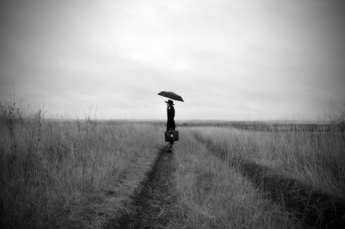 Anonymous elegant woman with umbrella standing on dry field on overcast autumn day