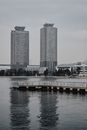 东京的现代城市景观中，摩天大楼映衬着平静的海滨