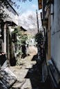 Narrow Walkway Between Wooden Houses