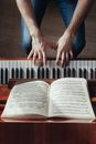 Top view of crop unrecognizable male musician plating piano with music paper on stand during rehearsal