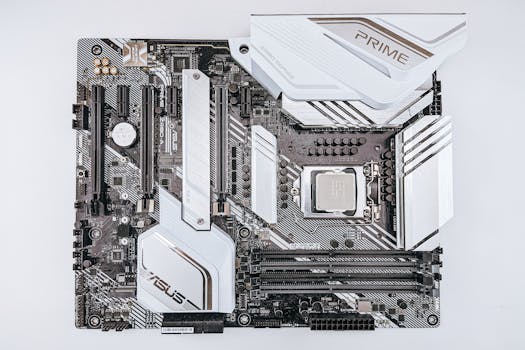 A detailed close-up of a modern ASUS motherboard showcasing intricate hardware components.