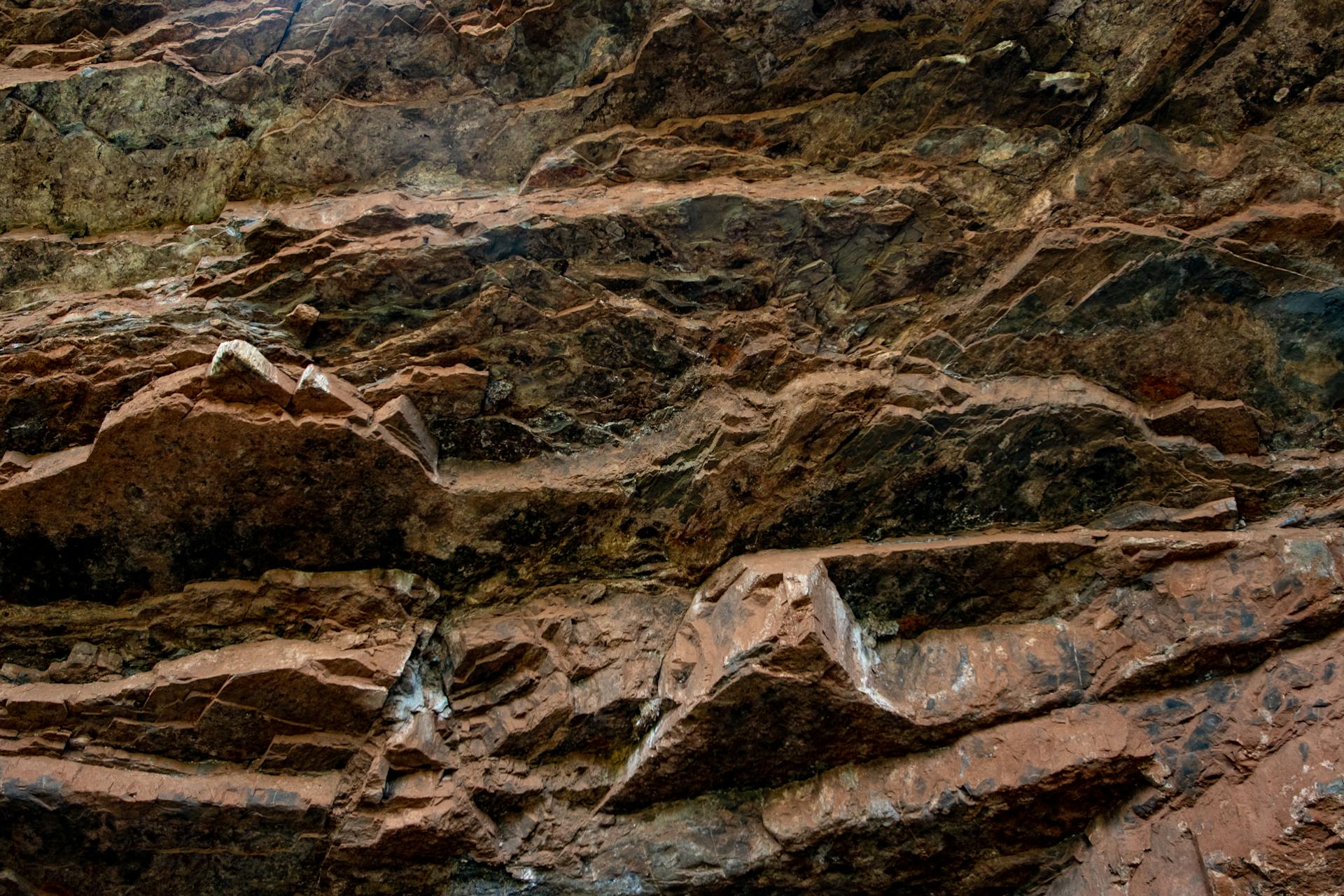 Close-up of a natural rock formation highlighting layered textures and earthy tones.