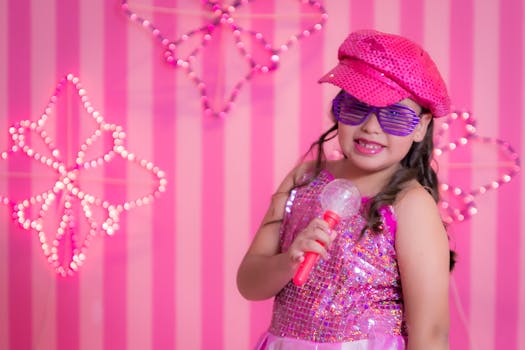 A cheerful girl in a pink sequined outfit and sunglasses poses with a toy microphone.