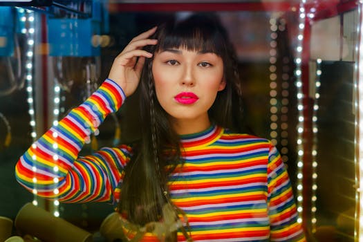 Vibrant portrait of a woman in a rainbow-striped shirt, framed by neon lights through claw machine glass.