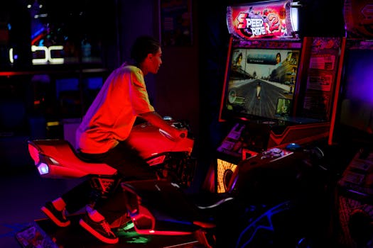 Man in yellow t-shirt plays an arcade motorcycle game in a lively gaming center.