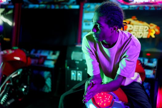 A young man sits on a motorcycle simulator in a vibrant arcade setting.