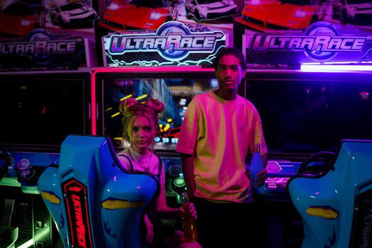 A young couple holding soda bottles in a vibrant arcade setting with neon lights.