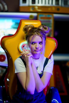 Playful young woman with hair buns in an amusement arcade setting.