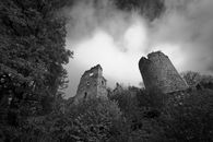 Grayscale Photo of an Abandoned Castle