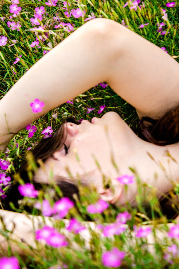 Woman Lying On Flower Field