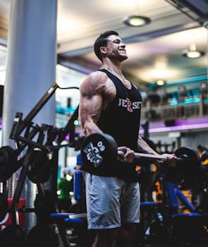 A strong man lifting weights in a dynamic gym environment, showcasing physical strength.