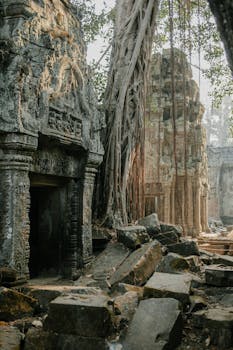 Explore the timeless ruins of Angkor Wat overtaken by nature's embrace.