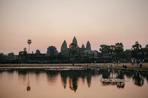 People by Lake Near Angkor Wat in Cambodia