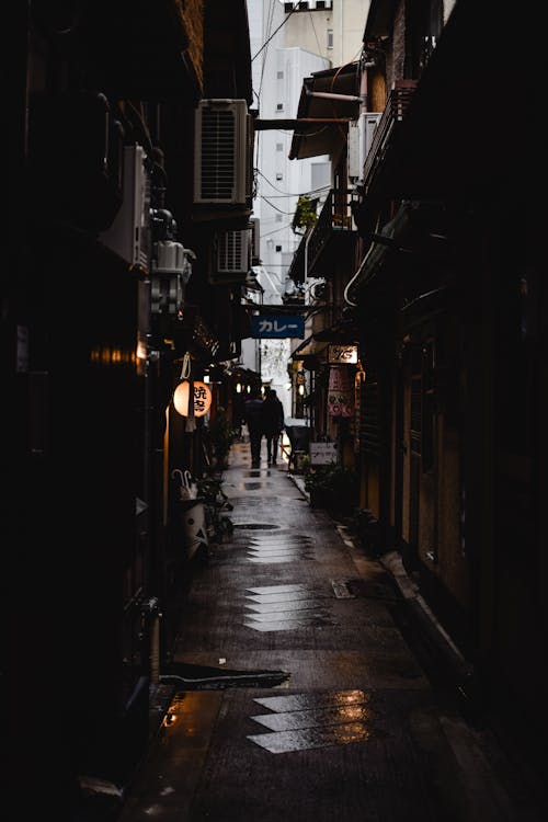 People Walking a Dark and Narrow Street
