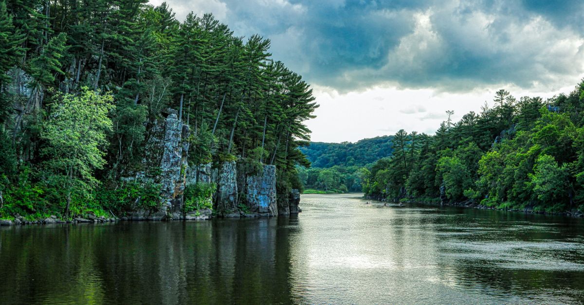 Serene view of Saint Croix River with lush forests under a cloudy sky, perfect for nature lovers.