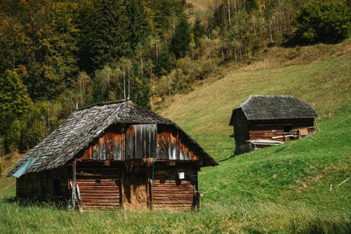 Free Charming rural landscape with rustic barns set in a lush green countryside. Stock Photo