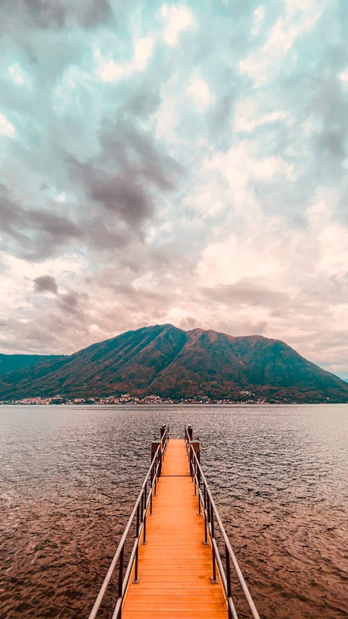 View of the Beautiful Mountain from a Wooden Dock