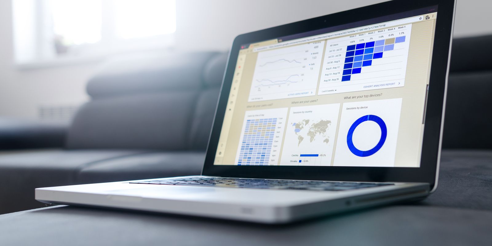 A laptop displaying data analytics charts and graphs