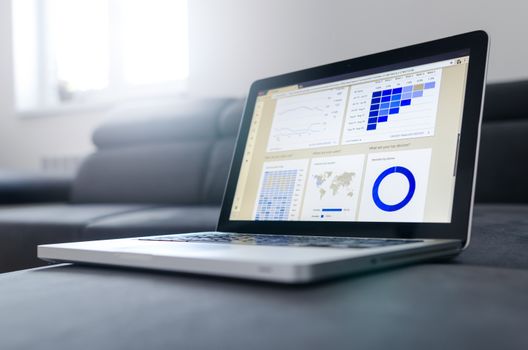 Laptop screen displaying financial analytics charts and performance data