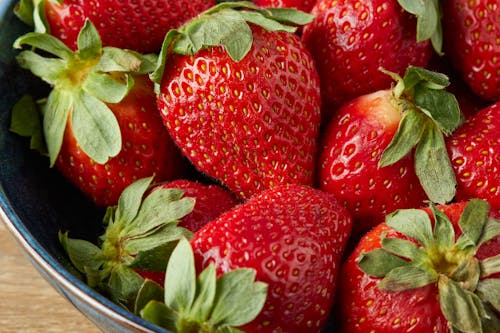 Strawberries in Blue Ceramic Bowl